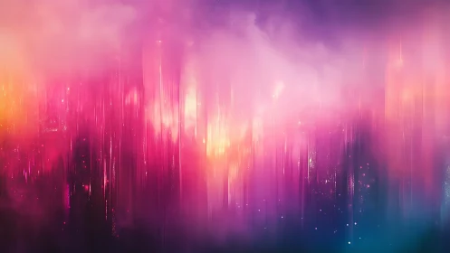 Neon aurora curtains fall through dreamy mist and glow