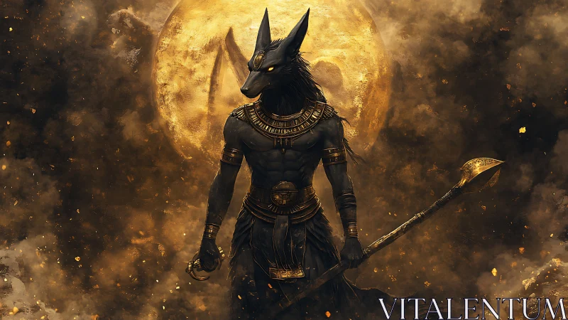 Jackal-headed desert deity under molten lunar eclipse.