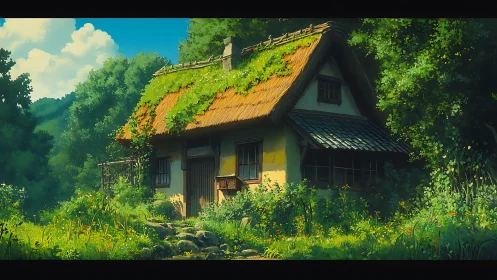 Sunlit forest cottage nestles gently in soft summer greenery