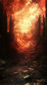 Ruined urban corridor with intense inferno conditions