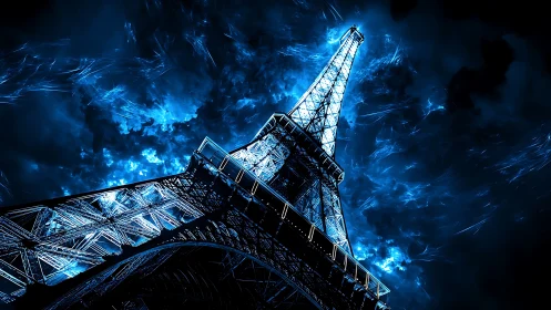Eiffel Tower low angle view with blue illuminated night sky.