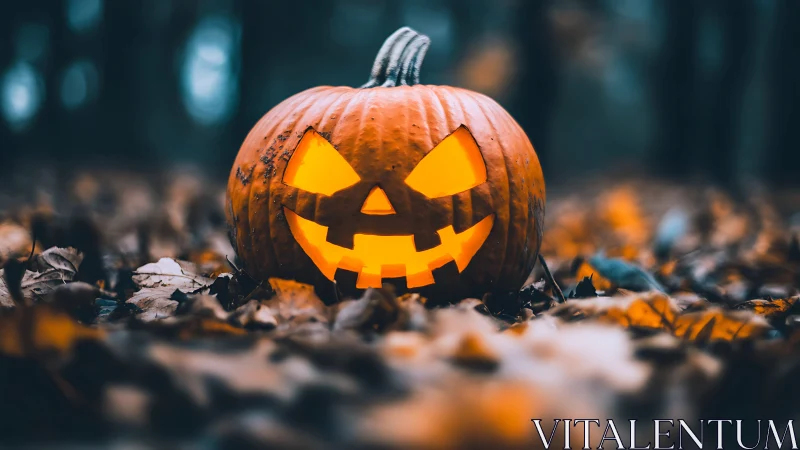 Jack o lantern grins wickedly through the misty forest dusk