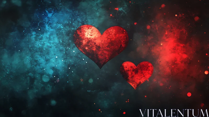 Glowing Red Hearts Against Cosmic Blue Background