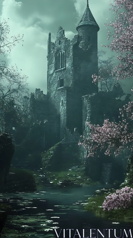 Ruined stone tower rises above misted moat in twilight ambiance