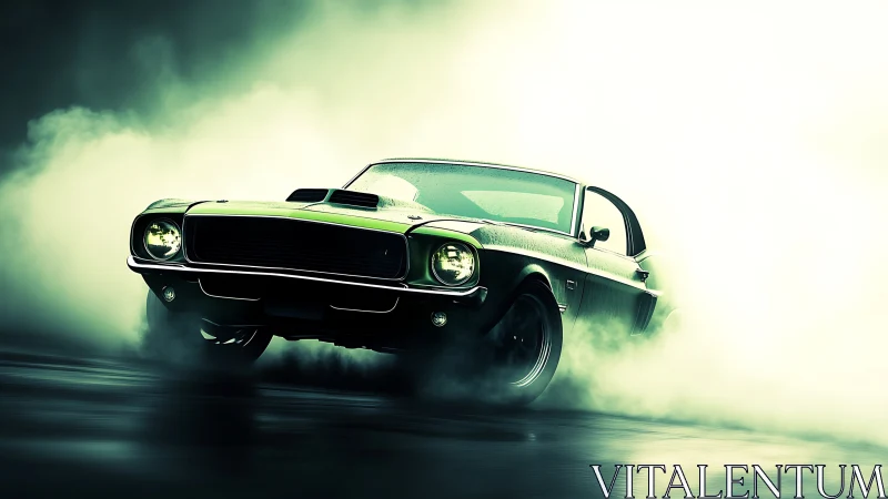 Classic muscle car drifting through neon-tinted smoke clouds.