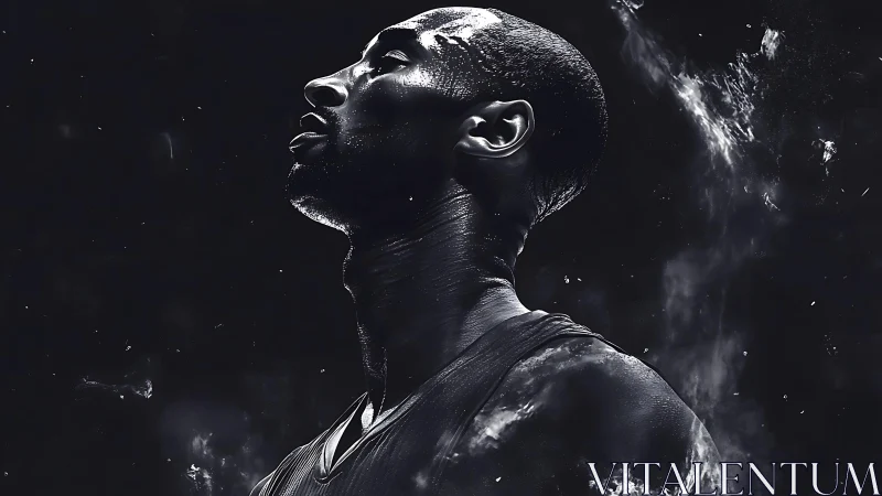 Monochrome side profile of focused basketball player.