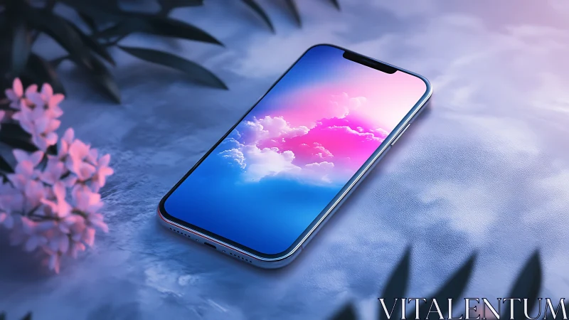 Modern smartphone displaying volumetric cloud gradient with magenta-blue chromatic transition.
