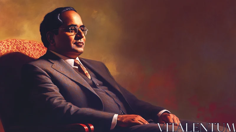 Seated male figure in formal suit rendered in oil painting