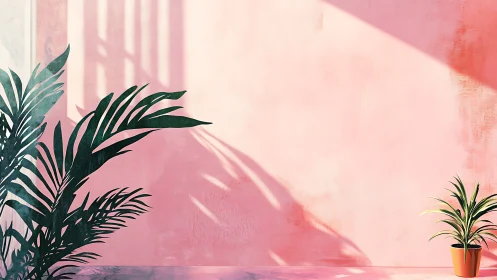 Sunlit tropical plants casting bold shadows on pink wall.