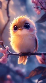 Round yellow songbird sits on branch in soft sunset light