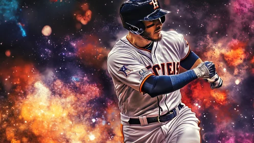 Digital painting of baseball batter amid cosmic nebula field.