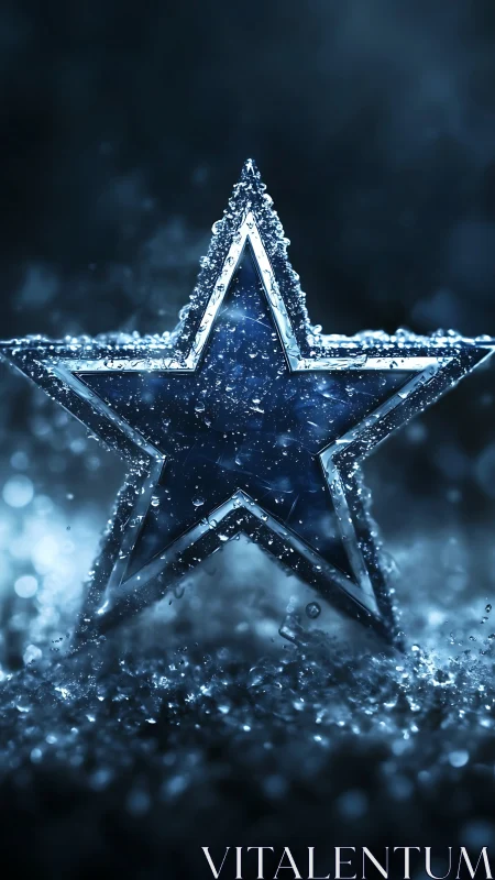 Metallic five-pointed star stands in macro water droplet field