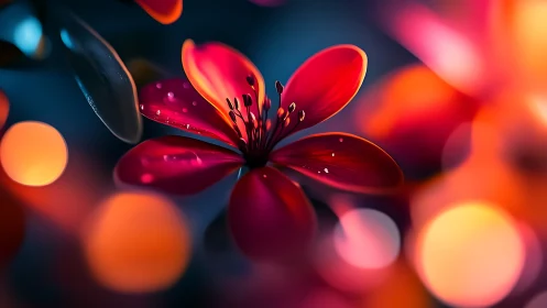 Radiant crimson blossom amid neon bokeh glow at night.