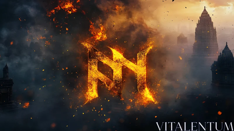 Burning monogram emblem ignites smoky ruined skyline