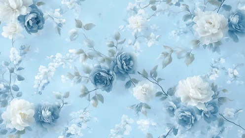 Soft Blue and White Floral Arrangement on Ethereal Background.