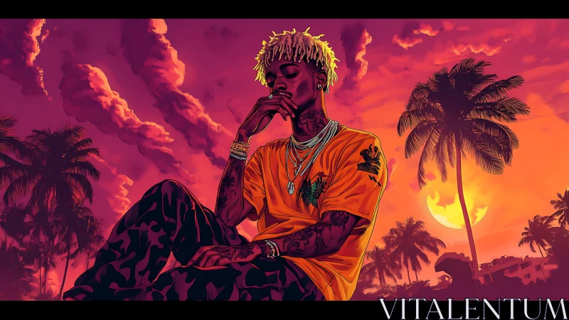 Pensive streetwear artist under neon tropical sunset sky.