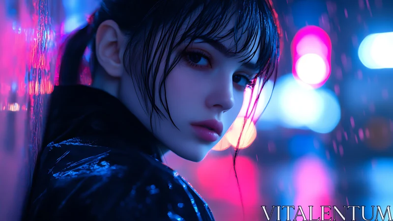 Woman stands in neon lit rain with reflective wet jacket