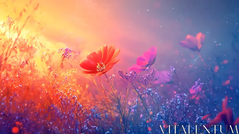 Radiant Bloom Symphony: Flowers Bathed in Golden Twilight.