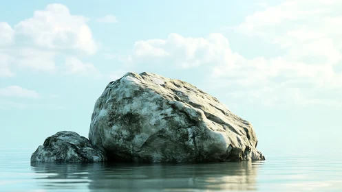 Sunlit coastal rock formation mirrored on calm water surface.