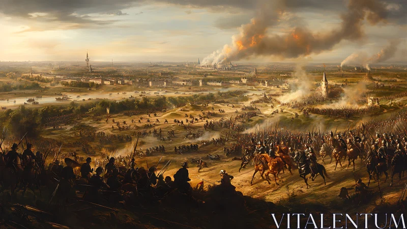 Panoramic seventeenth‑century siege battlefield rendered with dense troop formations