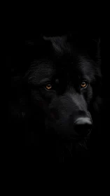 Golden-eyed black dog emerging softly from midnight shadows.