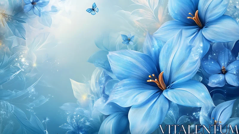 Serene Blue Flowers Dance with Delicate Butterflies