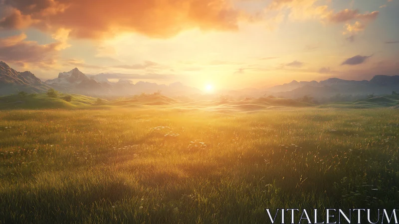 Sunlit grassy plain under dramatic orange dawn sky.