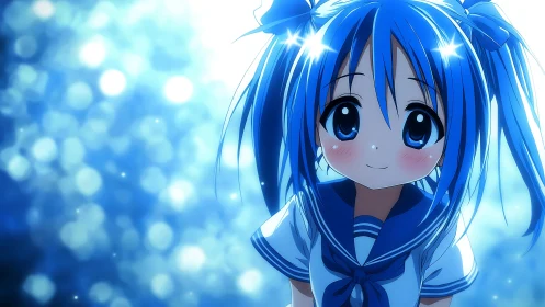 Bright blue haired anime schoolgirl smiles in dreamy light