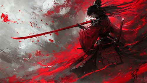 Samurai figure with drawn katana in red and gray field.