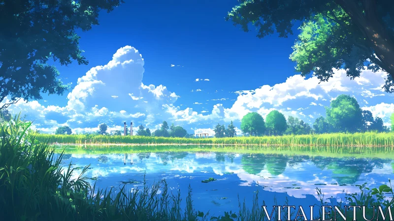 Anime landscape with reflective lakeside horizon under cumulus sky.