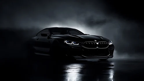 Black performance coupe in dramatic low key studio lighting.