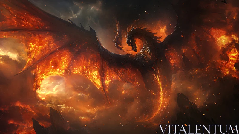 Fiery dragon soaring through molten skies of a dying world.