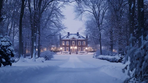 Brick mansion in snow-covered forested driveway at dusk.