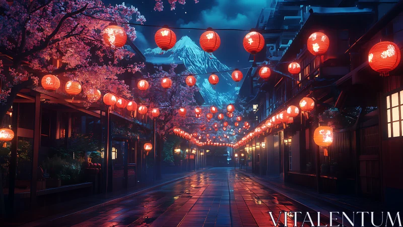 Lantern lit street extends toward snow covered mountain peak