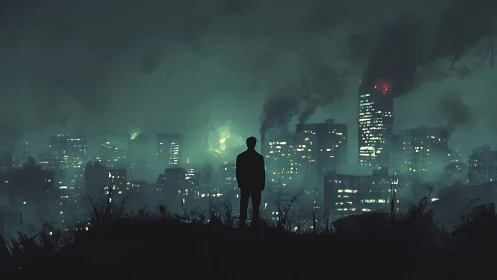 Cyberpunk skyline silhouette against toxic industrial haze.