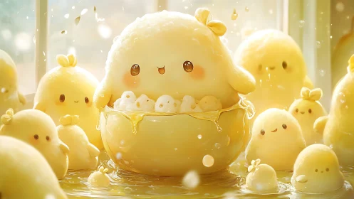 Adorable Golden Chicks Gathering Around Their Bubbling Potion Bowl