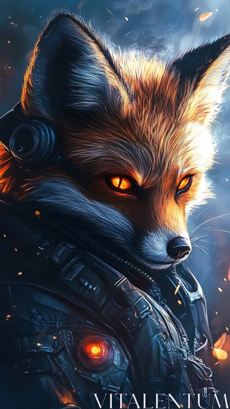 Cybernetic fox operative with glowing ember eyes poised.