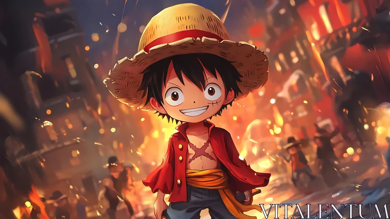 Straw hat boy stands amid blazing nighttime city chaos