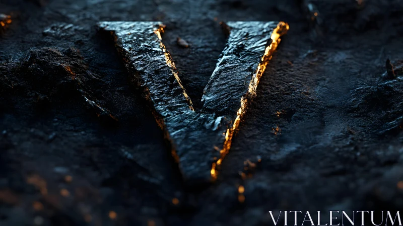 Dramatic molten stone letter V in dark textured environment.