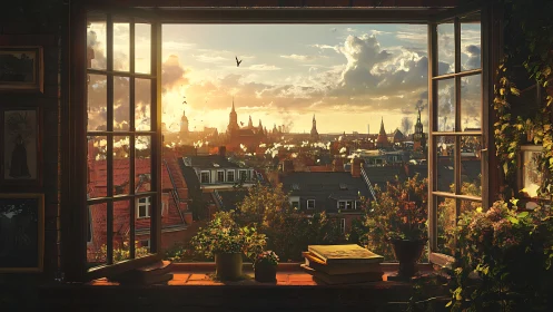 Sunlit studio window framing dense European rooftop skyline