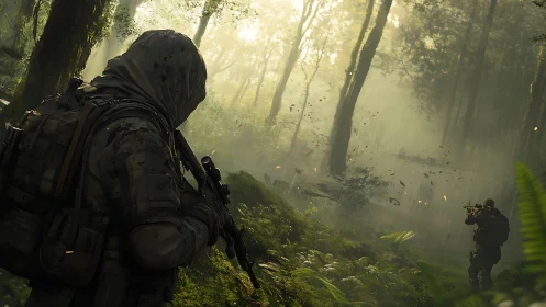 Tactical operators advancing through misty rain-soaked forest