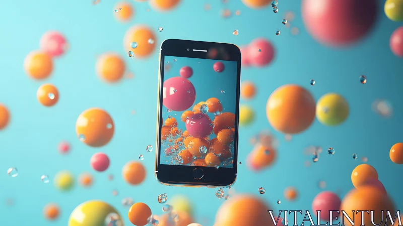 Smartphone floating among colorful spheres in surreal digital art.