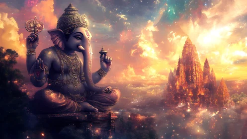 Celestial elephant deity guards a glowing skyborne temple.