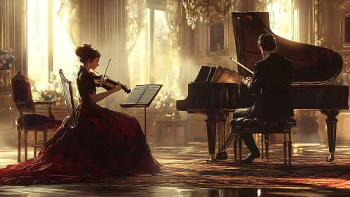 Elegant duet with violin and grand piano in golden hall.