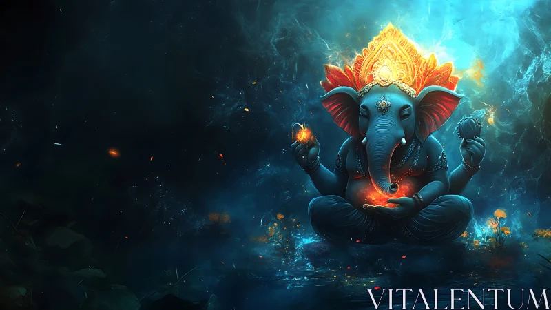 Luminous blue Ganesha deity meditating with fiery orbs in void