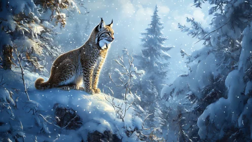 Lynx positioned on snowy ground within coniferous forest landscape.