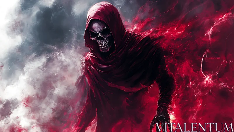 Hooded skeletal wraith emerges from swirling crimson mist