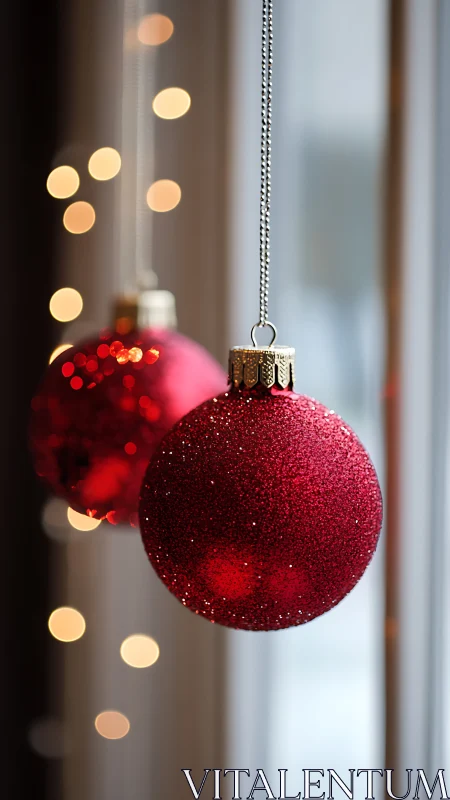 Glittering red baubles suspended with warm festive bokeh glow.