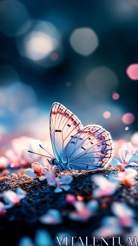 Blue butterfly rests on glowing petals in soft bokeh light