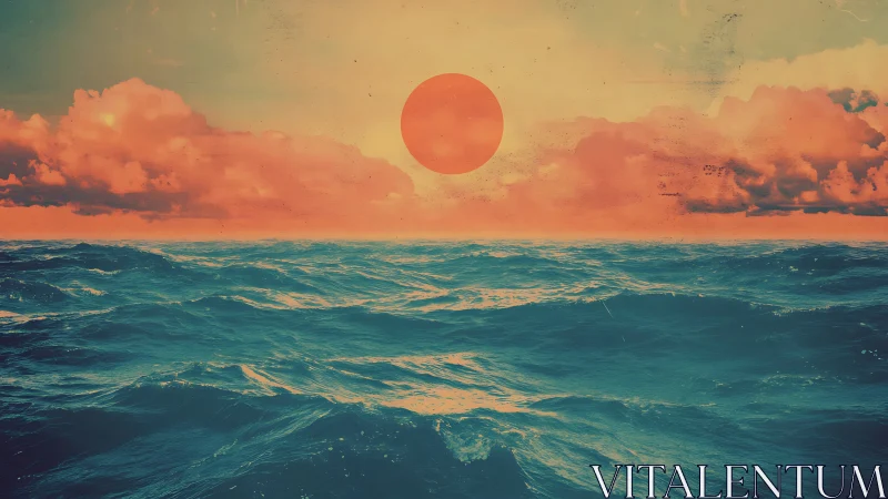 Dreamy teal waves under a glowing coral sunset sun.